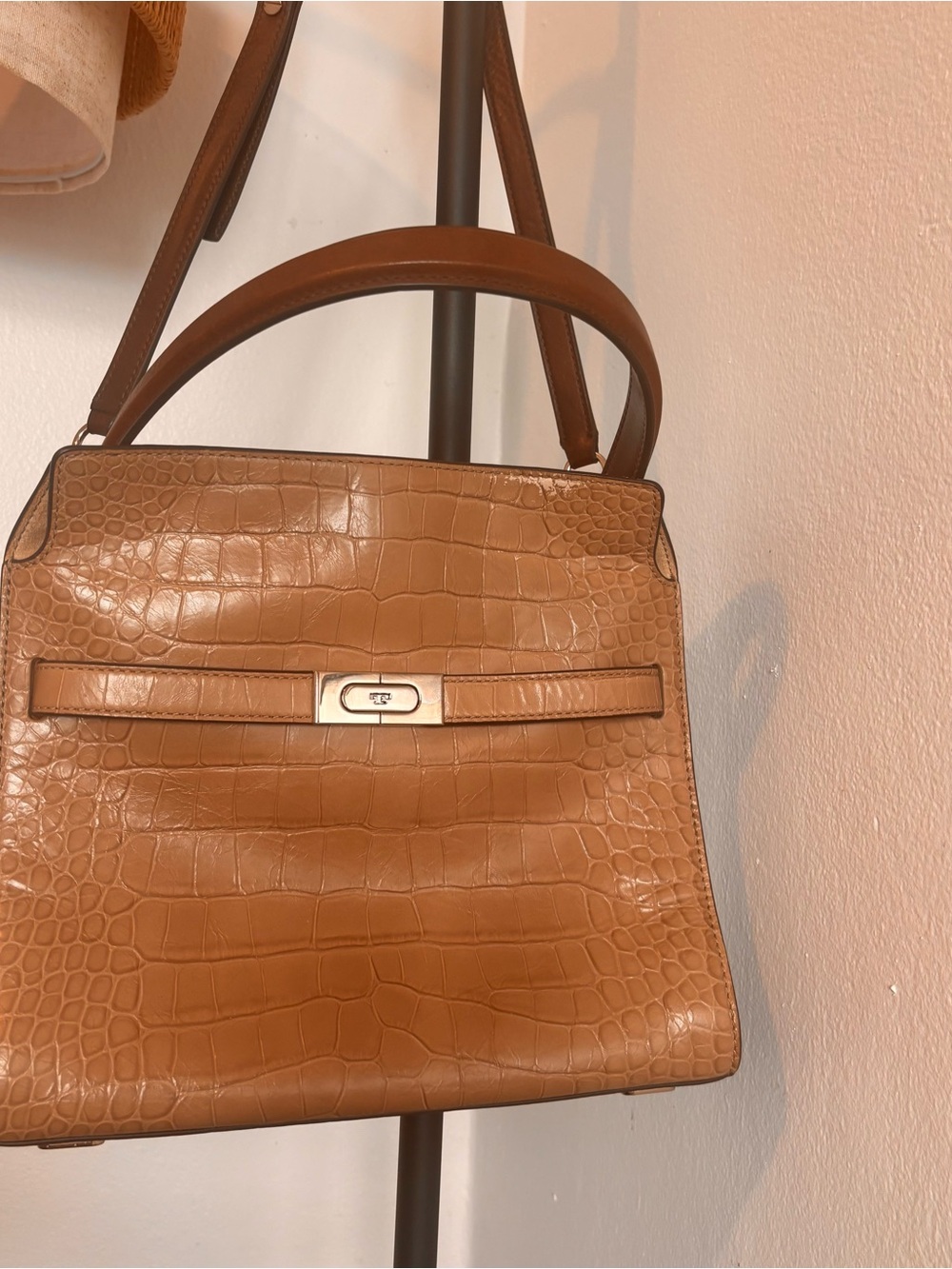 Tory Burch Lee Radziwill SMALL Taupe Croc-Embossed Leather Satchel